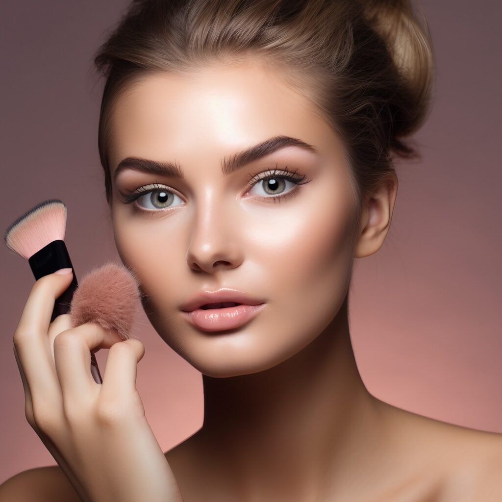 Makeup Beauty Young Woman Applying Visage Brush – Stock Photo