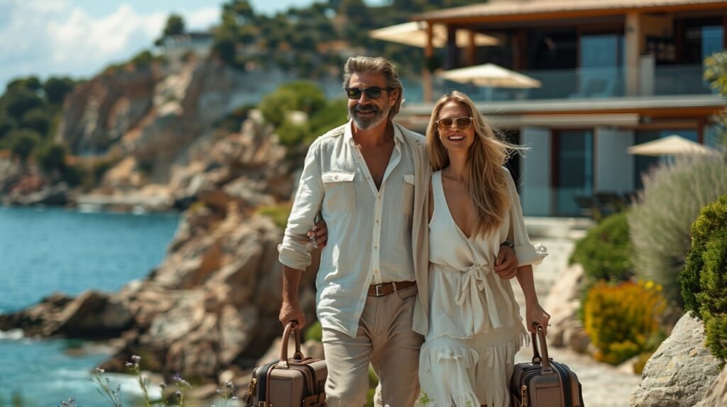 Mature couple walking into vacation villa – stock image of seniors entering luxurious holiday rental