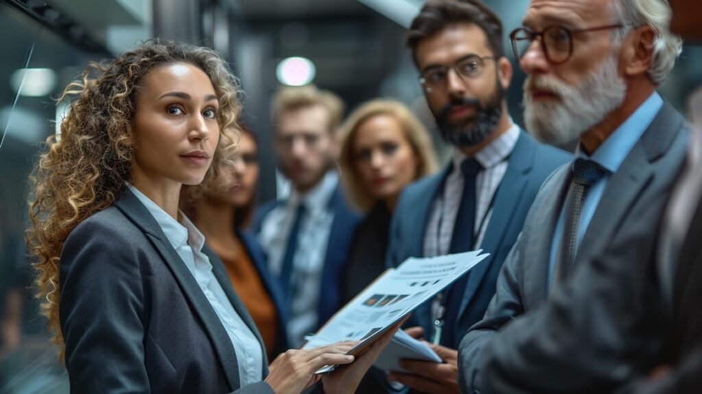 Office Meeting Scene Colleagues Discussing Business – Stock Image of Group Interaction