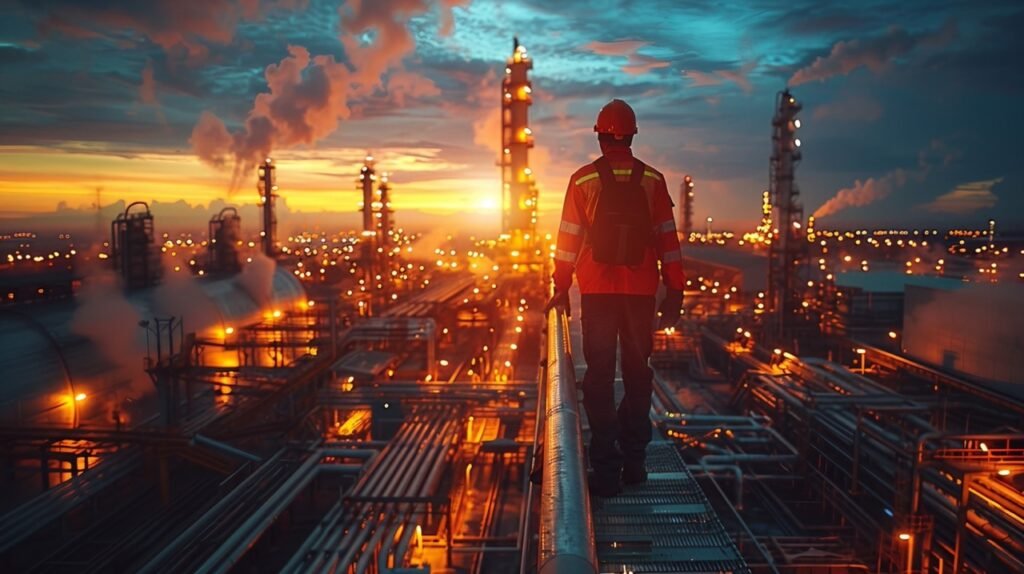 Oil Refinery Worker Climbing Ladder High-Quality Stock Photo Collection