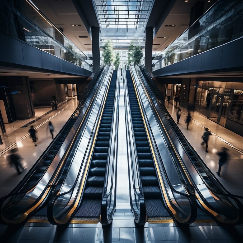 Overhead Escalator View Modern Building Interior in High-Quality Stock Image