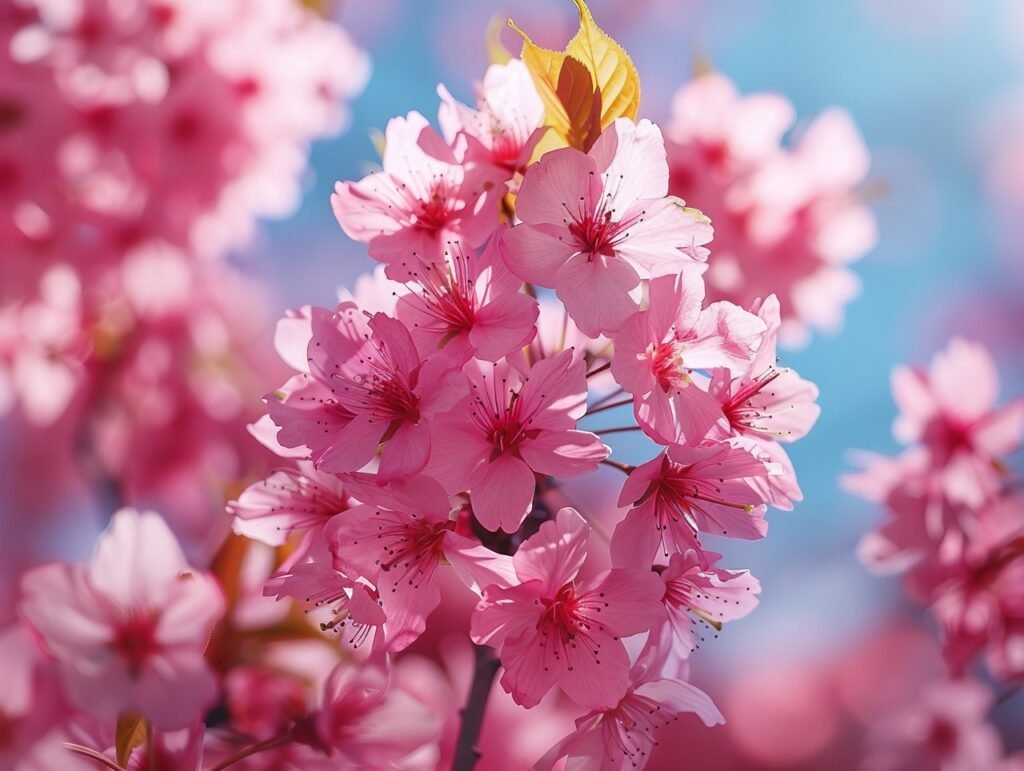 Pink Cherry Blossoms Against Blue Sky – Spring Scene in Japan – Captivating Stock Photo