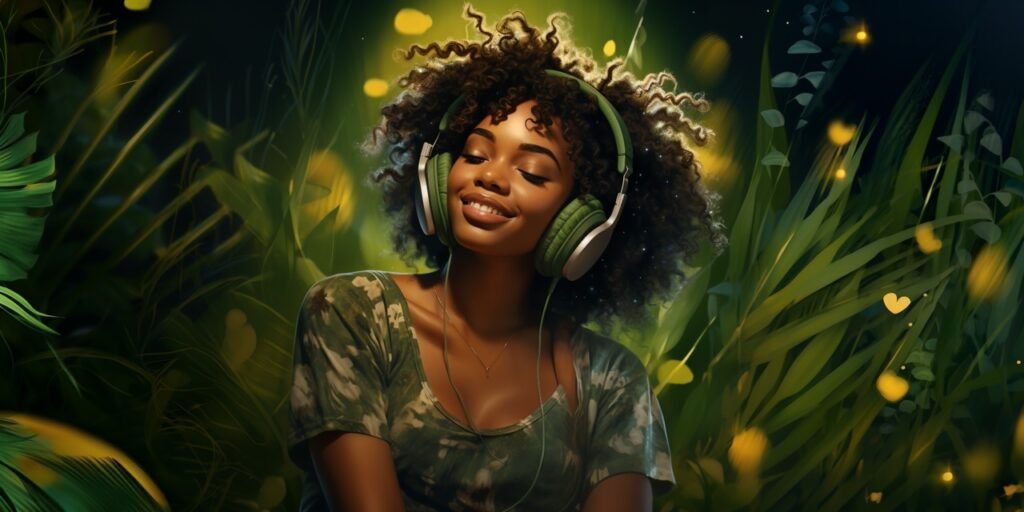 Podcast Passion Black Woman Immersed in Headphones in Green Studio Scene – Realistic Photo