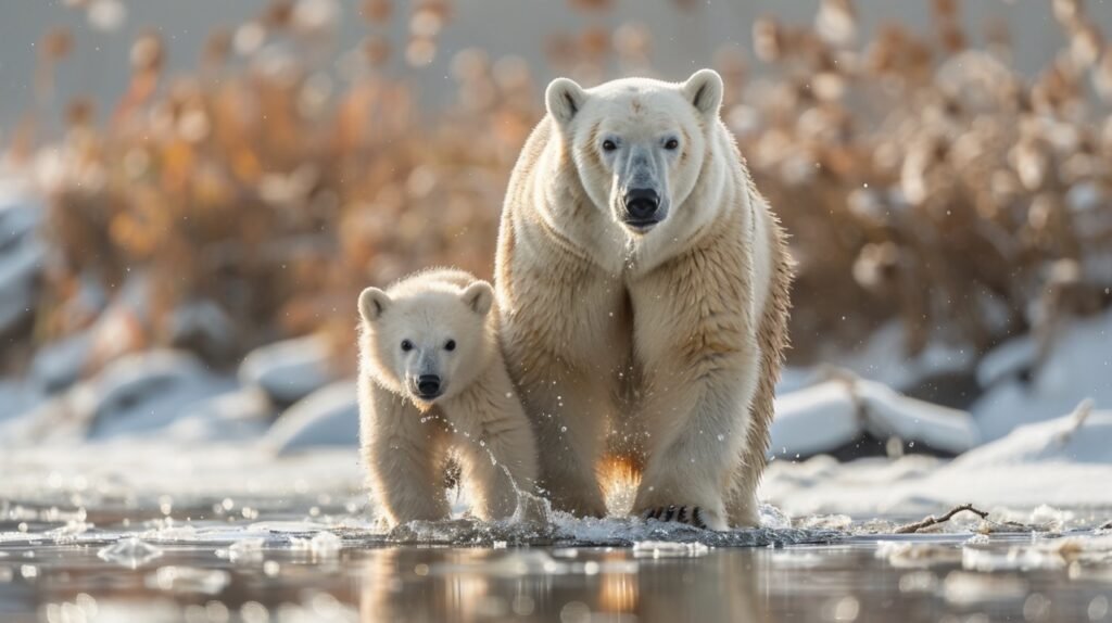 Polar Bear and Twin Cubs – Stock Photo of Ursus maritimus Family in Hudson Bay, Manitoba, Canada