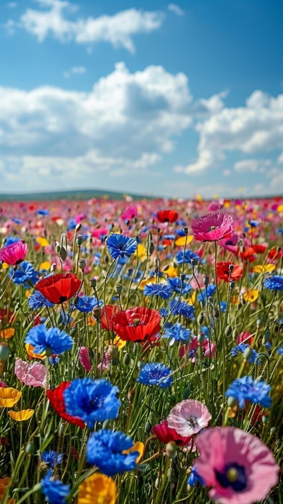 Poppies and Cornflowers Against Blue Sky – Captivating Spring Stock Photo