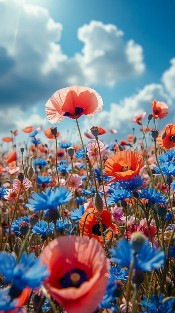 Poppies and Cornflowers in Sunlit Agricultural Field Against Blue Sky