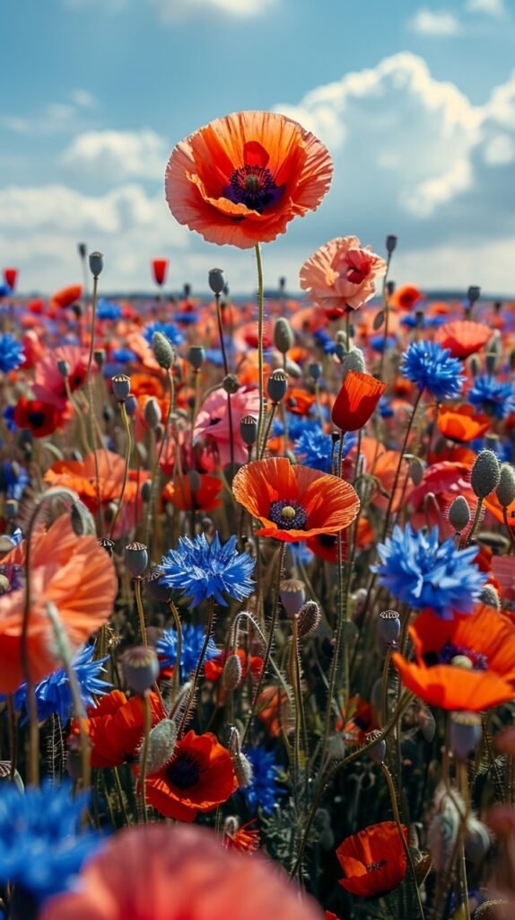 Poppies and Cornflowers in Sunlit Agricultural Field Against Blue Sky – Spring Scene