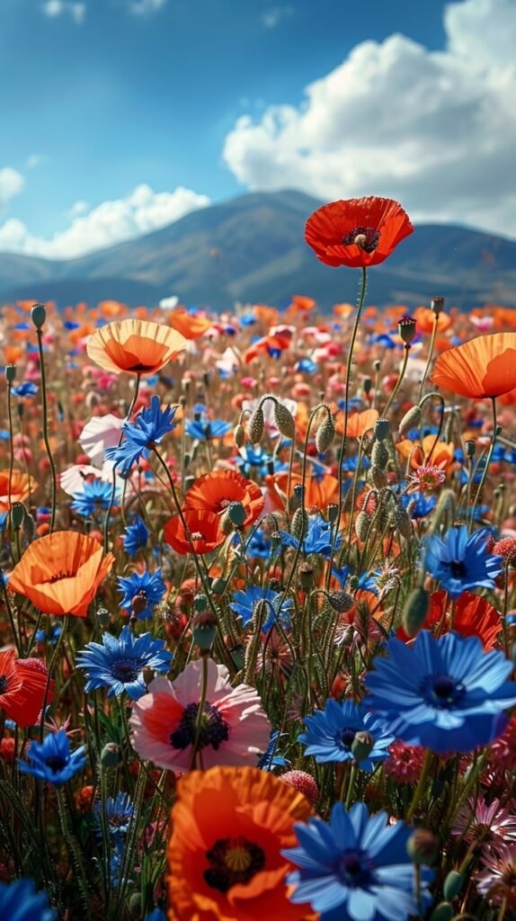 Poppies and Cornflowers in Sunlit Agricultural Field Against Blue Sky – Stock Photo