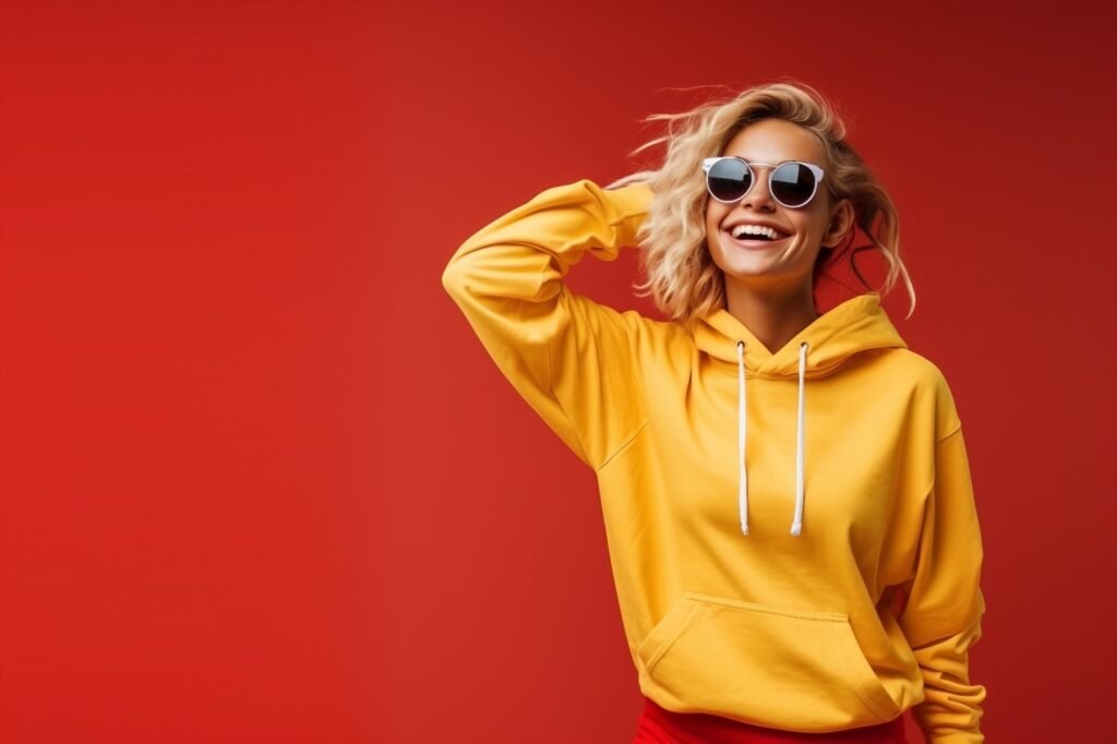 Portrait of a joyful teenage girl in AirPods and trendy sunglasses, smiling, dancing against a yellow summer backdrop