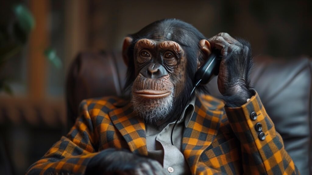 Professional Chimpanzee Portrait – Stock Picture of a Male Chimp Dressed in Business Clothes Talking