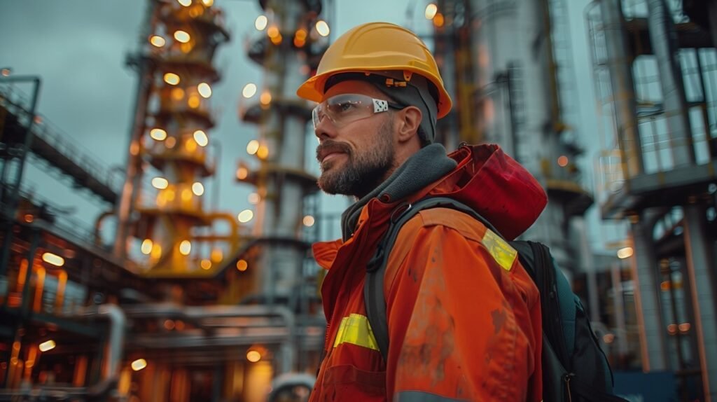 Refinery Worker’s Climb High-Quality Stock Image of Vertical Ascent