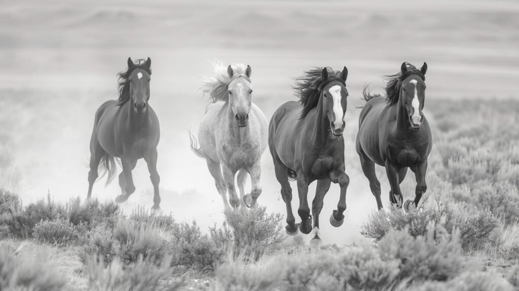 Running Free Horses – Stock Picture of Group of Wild Horses Galloping in Utah Countryside