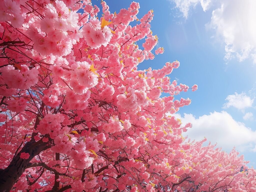 Sakura Blossoms Amidst Blue Sky – Japan’s Captivating Cherry Blossom Stock Photo