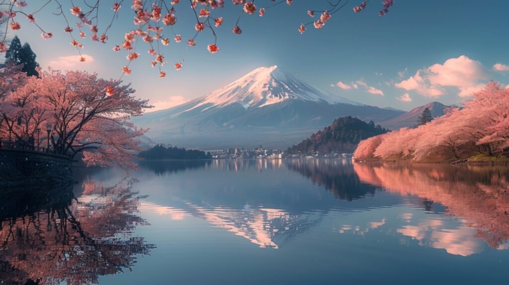 Scenic Spring Landscape Fuji Mountain, Pink Sakura Branches at Kawaguchiko Lake – Stock Photo Image