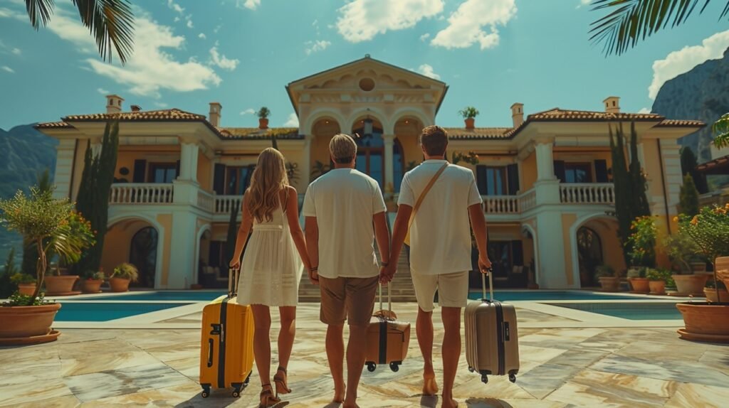 Senior couple with luggage entering holiday villa – stock photo of mature pair at luxury rental