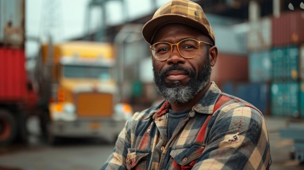 Shipping Yard Worker Portrait – Stock Photo of Male Docker Standing Outdoors with Arms Crossed