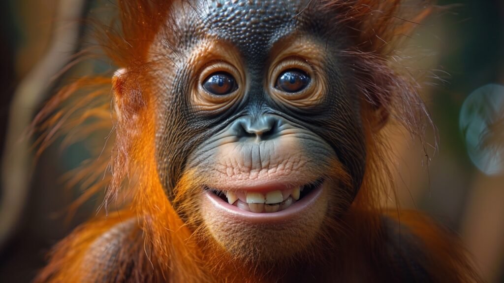 Smiling Orangutan Expression – Close-Up Stock Picture Showcasing a Playful and Happy Ape