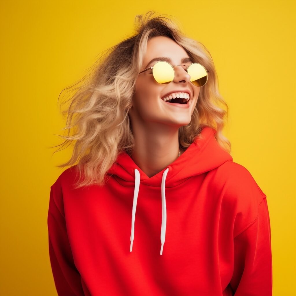 Smiling teenage girl in AirPods and stylish sunglasses dances joyfully on a summer yellow background, exuding positive vibes