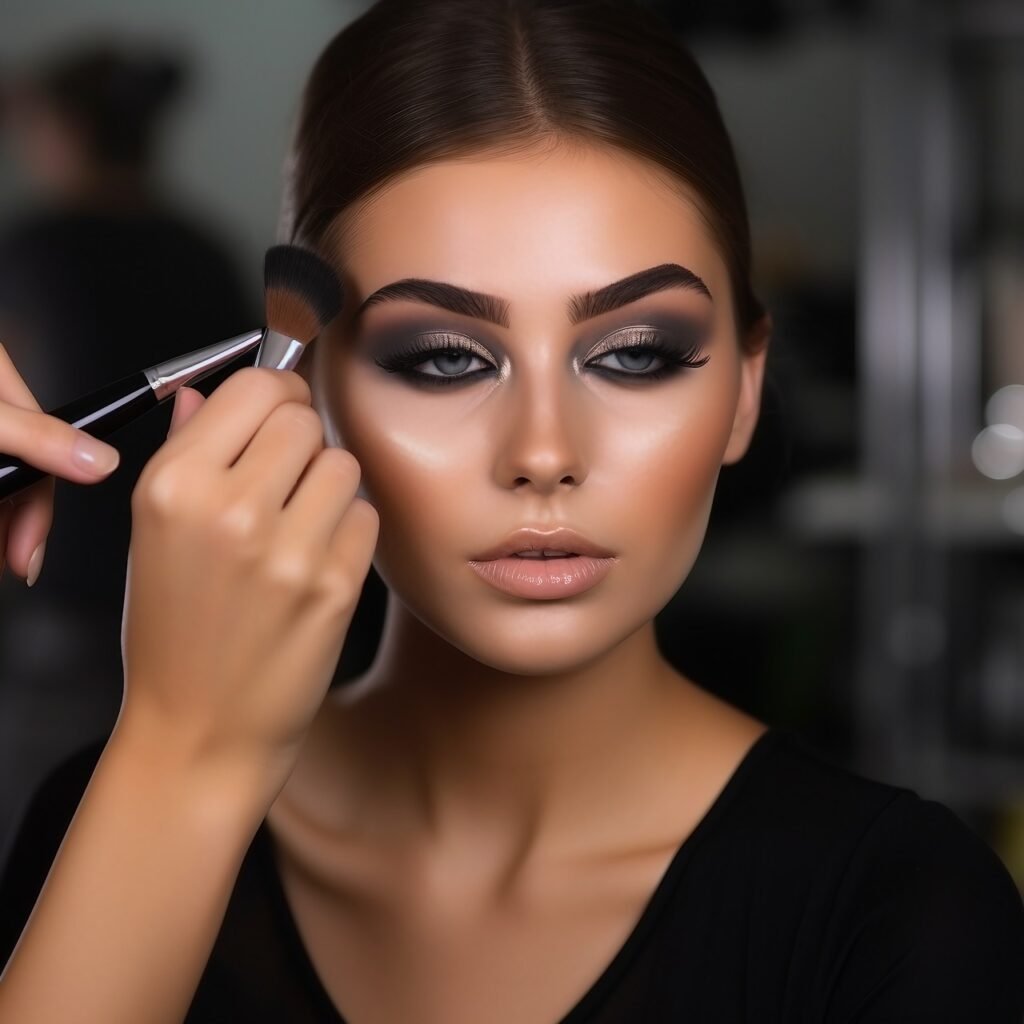 Smokey eye makeup completion Girl applies face powder at a professional beauty salon, emphasizing skin care