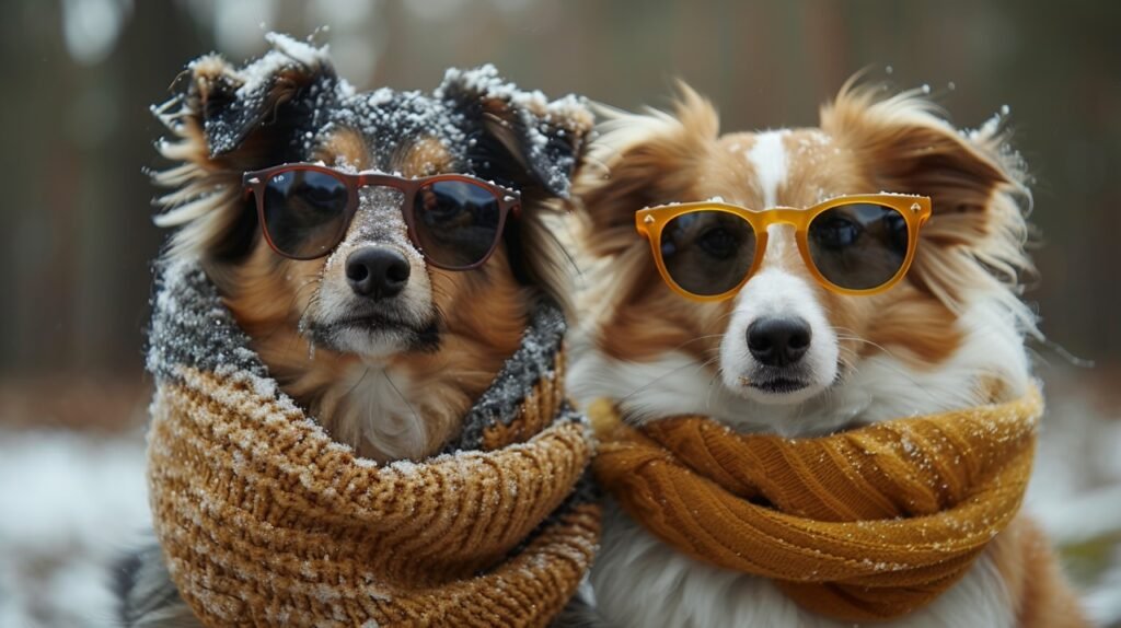 Snowy Day Shetland Sheepdogs – Stock Picture of Two Dogs in Winter Outfits, Sunglasses, and Scarves