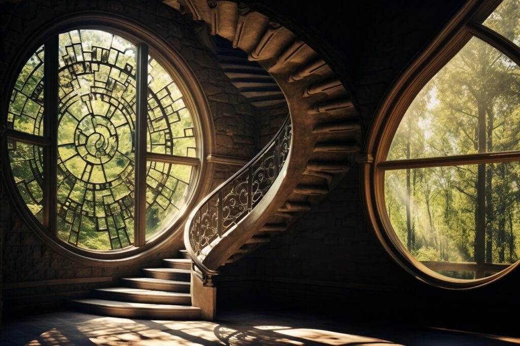 Spiral Staircase in Circular Window Premium Stock Image for Architecture Enthusiasts