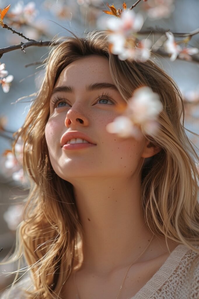 Spring Scene Joyful Woman Under Blooming Tree – Captivating Stock Photo of Spring’s Beauty