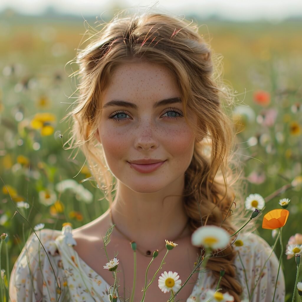 Spring Scene Smiling Woman in Flower Field with Daisy and Poppy Bouquet – Stock Photo