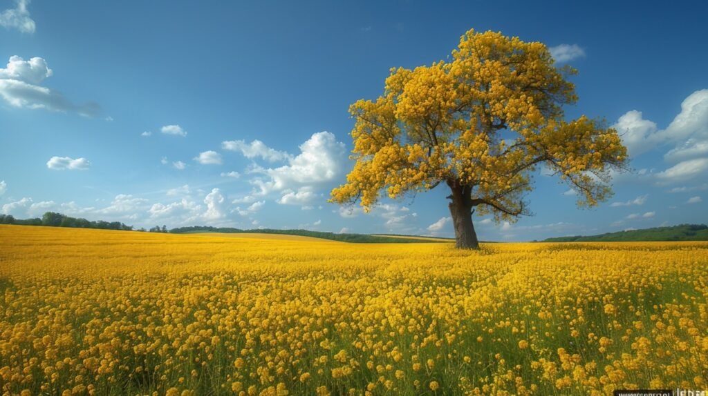 Spring Scene Vibrant Rapeseed Field Under Blue Sky – Captivating Stock Photo