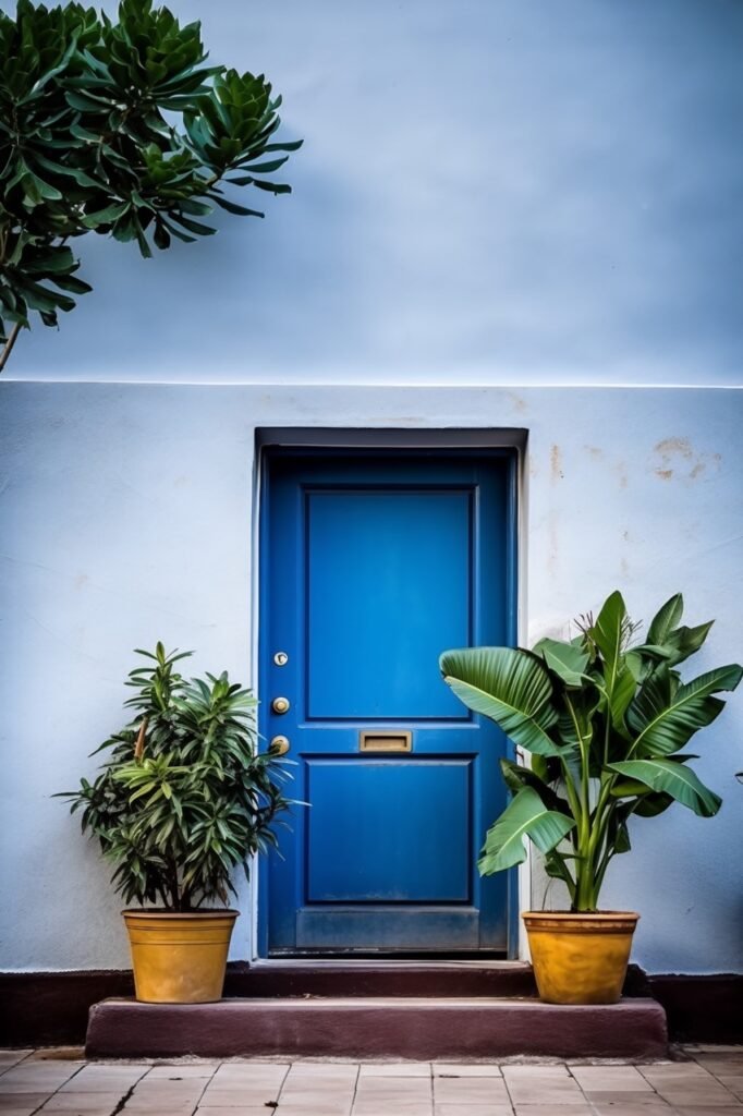 Stock Photo Blue Door with Plant, Scenic Path Background for Download in HD Quality