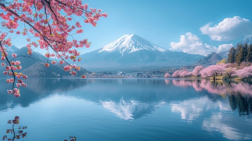 Stock Photo Fuji Mountain, Pink Sakura Branches at Kawaguchiko Lake – Captivating Spring Landscape