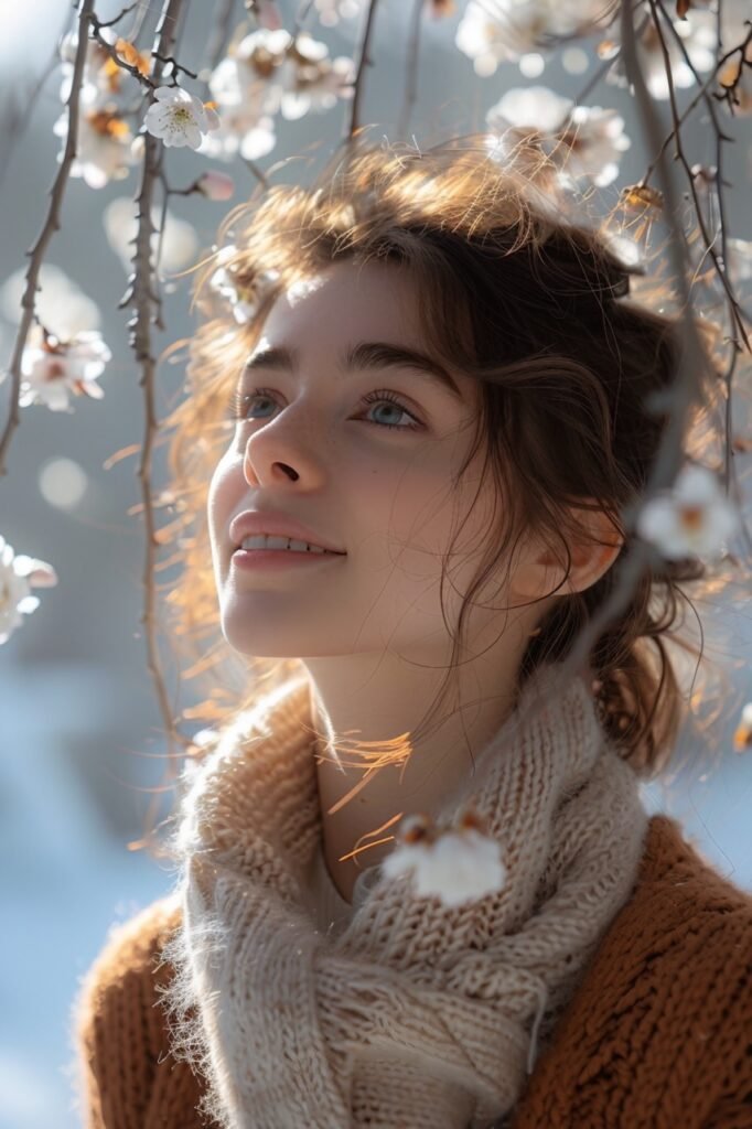 Stock Photo Joyful Woman Under Blooming Tree – Capturing the Beauty of Spring