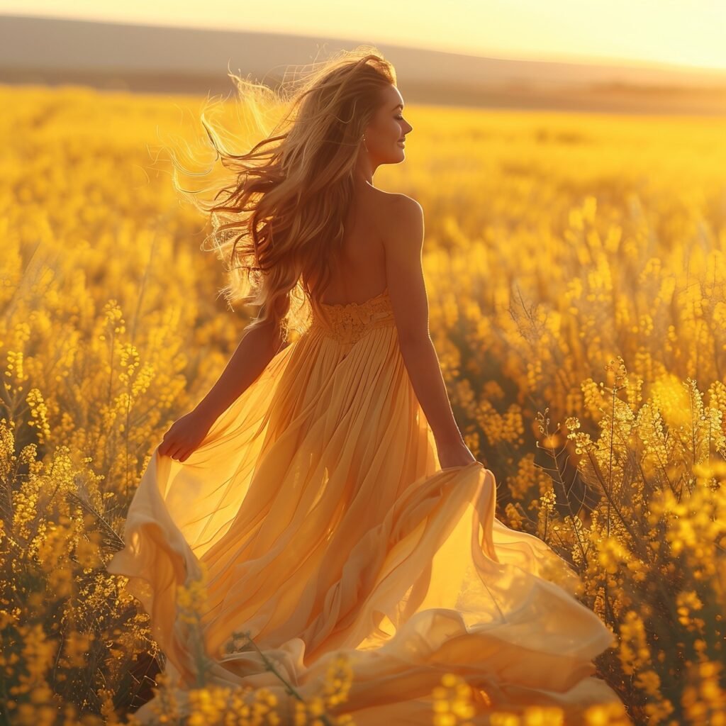 Stock Photo Joyful Young Woman Dancing in Rapeseed Yellow Field at Sunset – Nature’s Beauty