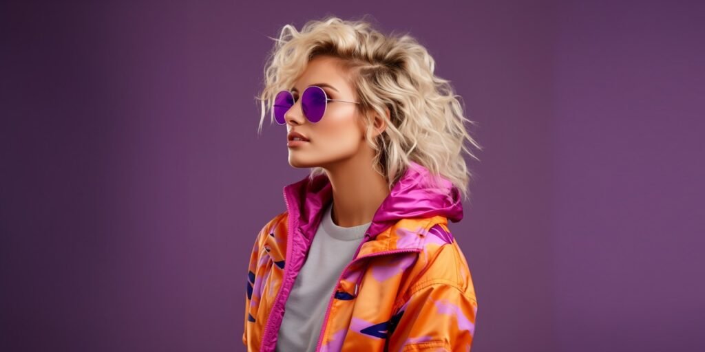 Stylish blonde in 80s windbreaker and round sunglasses poses against a purple backgroun