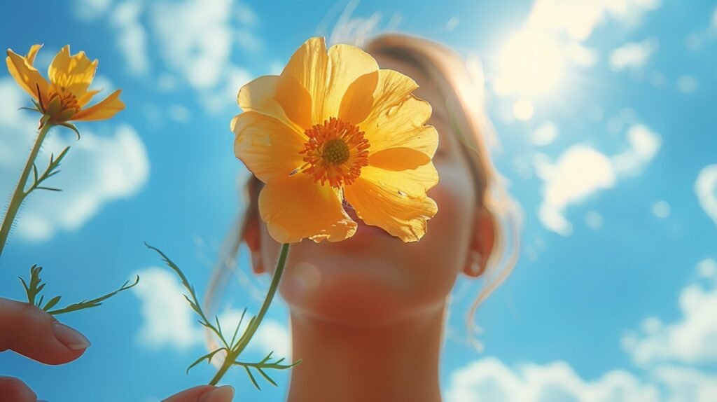 Summer Scene Woman Holding Flower Against Blue Sky – Captivating Stock Photo of Natures Beauty