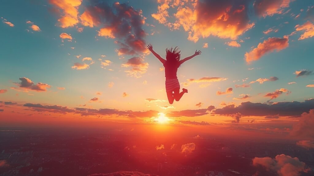 Sunset Runner Asian Woman Jumps on Mountain Ridge – Premium Stock Image