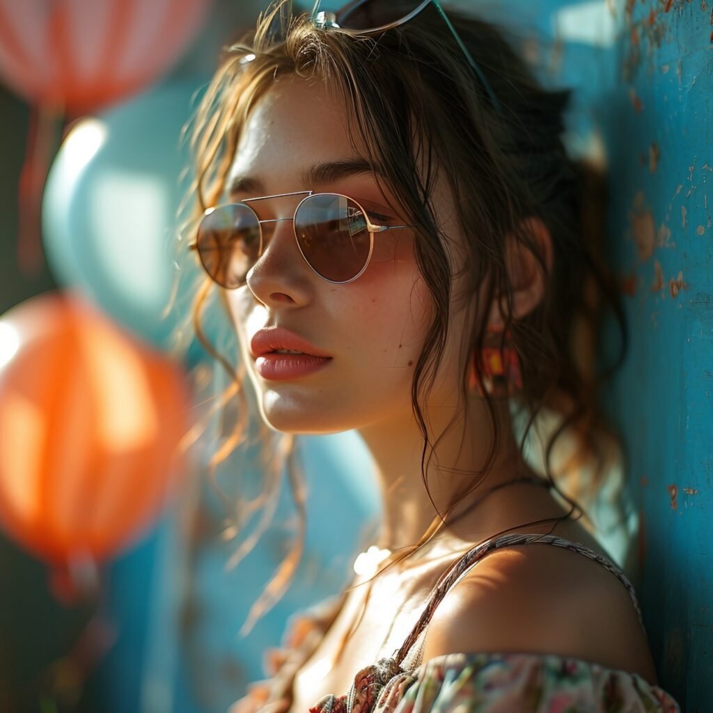 Trendy Young Woman Blowing Air Kiss with Air Balloon in Colorful Blue Background