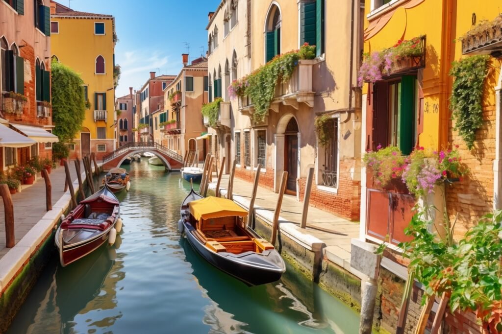 Urban Canal Scene Buildings, Boat in Water, Professional Stock Image for Tourism Collections