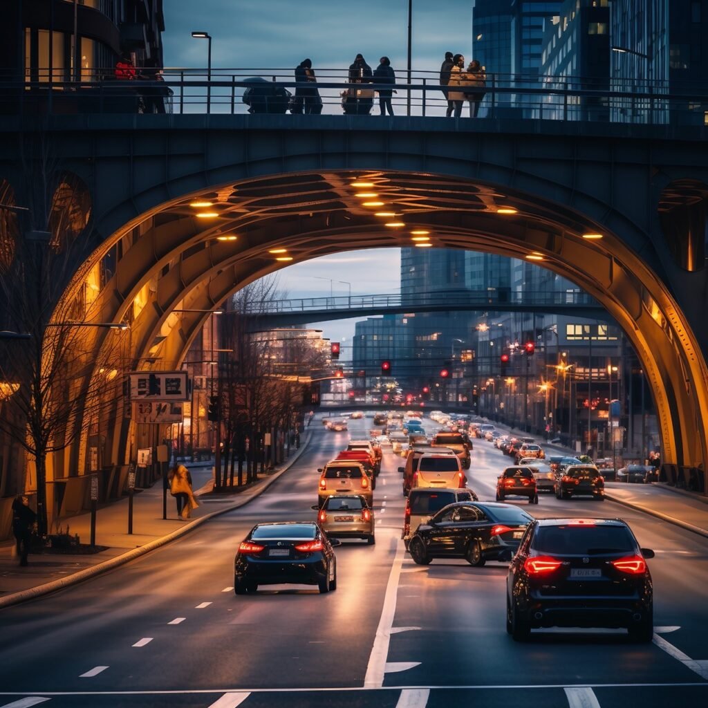 Urban Traffic Scene Busy City Street Under Bridge, High-Quality Stock Image for Transportation Websites