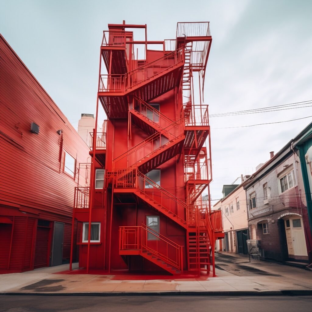 Vibrant red structure with side staircase – Download HD image of architectural elegance and urban charm