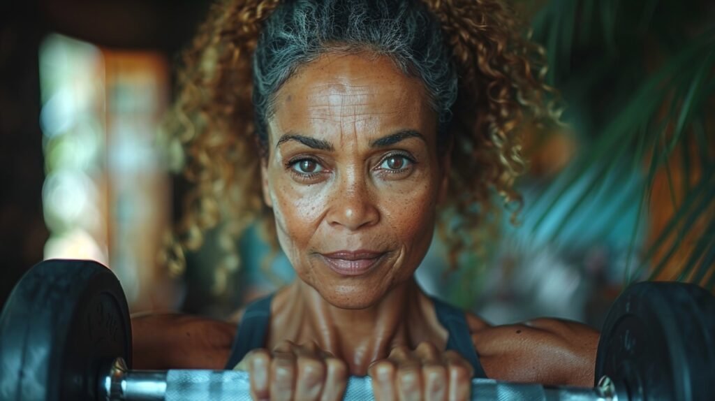 Weightlifting at Home Older Hispanic Woman in Living Room – Premium Stock Image