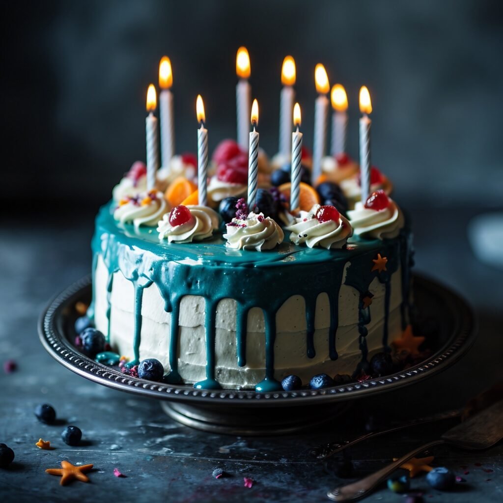 Whimsical Birthday Dessert White Drip Cake with Teal Ganache, Star Toppers, and Fun Candles