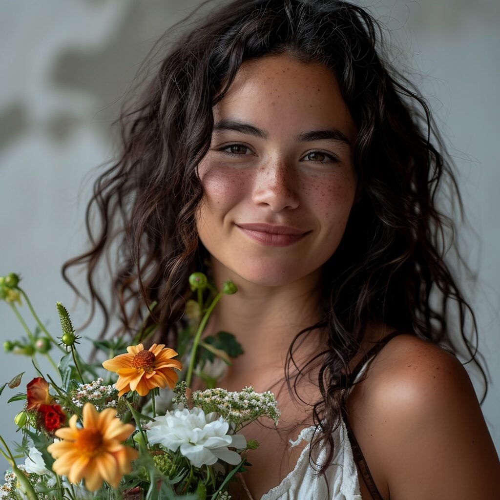 White Background Happy Young Woman Smiles, Holds Flower Bouquet in White Dress, Long Curly Hair