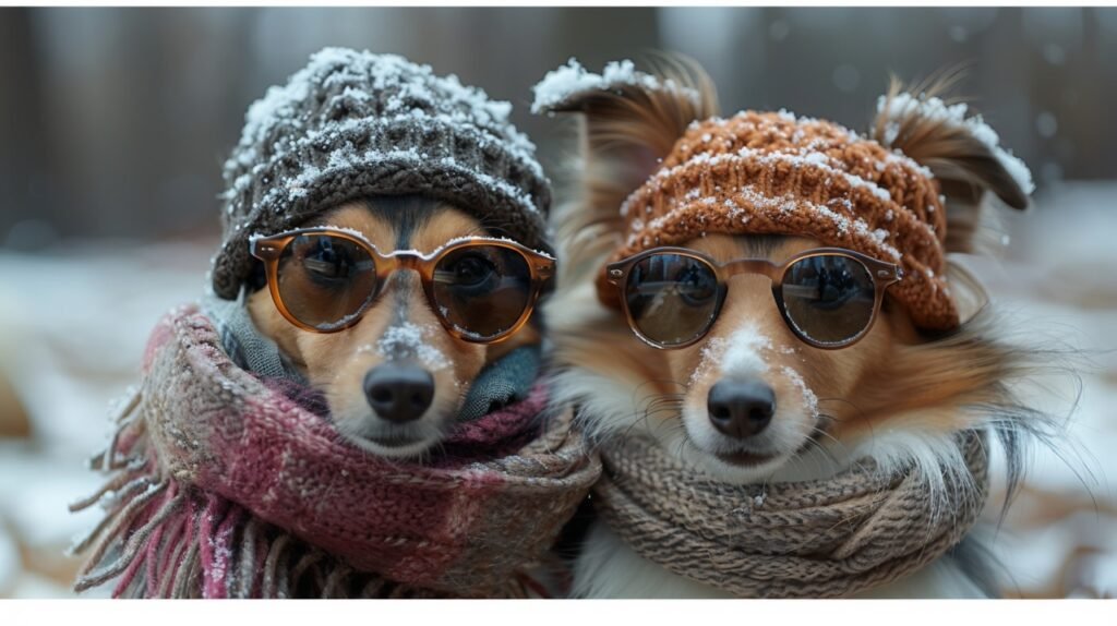 Winter Dogs Shetland Sheepdogs – Stock Photography Featuring Two Dogs in Scarves and Sunglasses