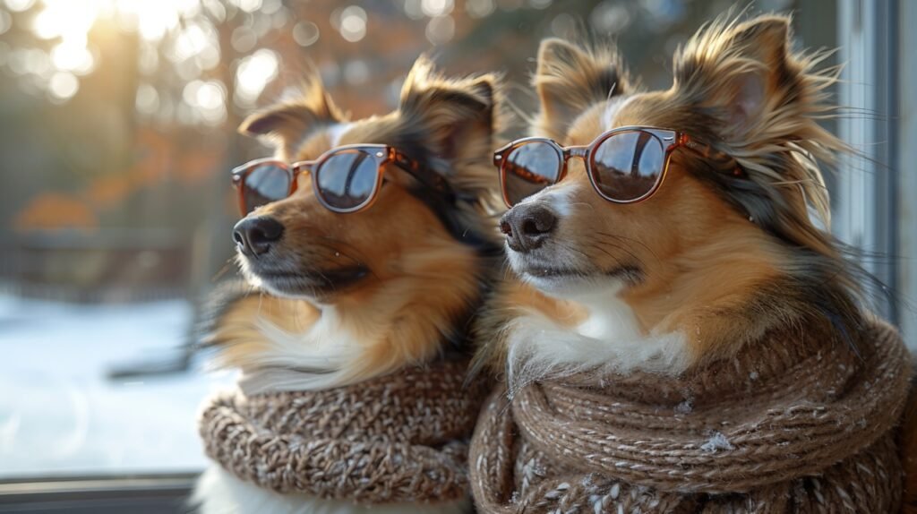 Winter Fun with Shetland Sheepdogs – Stock Photo of Two Dogs in Sunglasses and Scarves