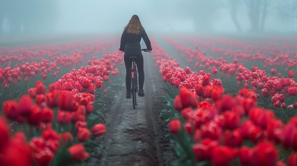 Woman Cycles Through Morning Mist in Tulip Field, Hillegom, Netherlands