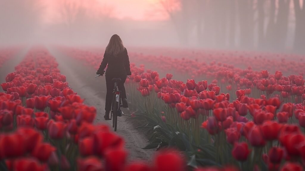 Woman Cycling in Hillegom Tulip Field Morning Mist – Netherlands Spring Scene