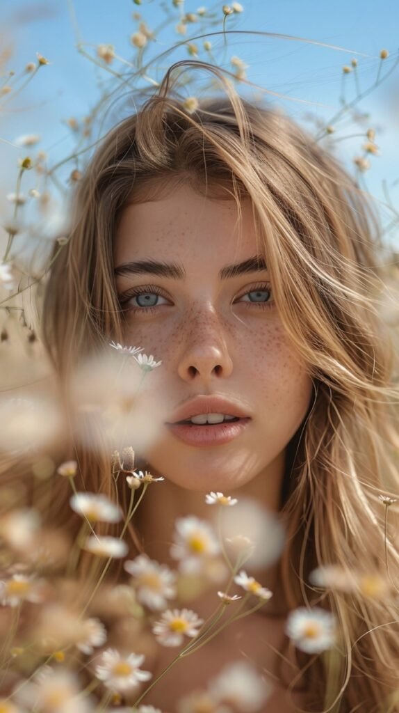 Woman with Long Hair in Flowers Defocused View from Below – Stock Photo of Spring Scene