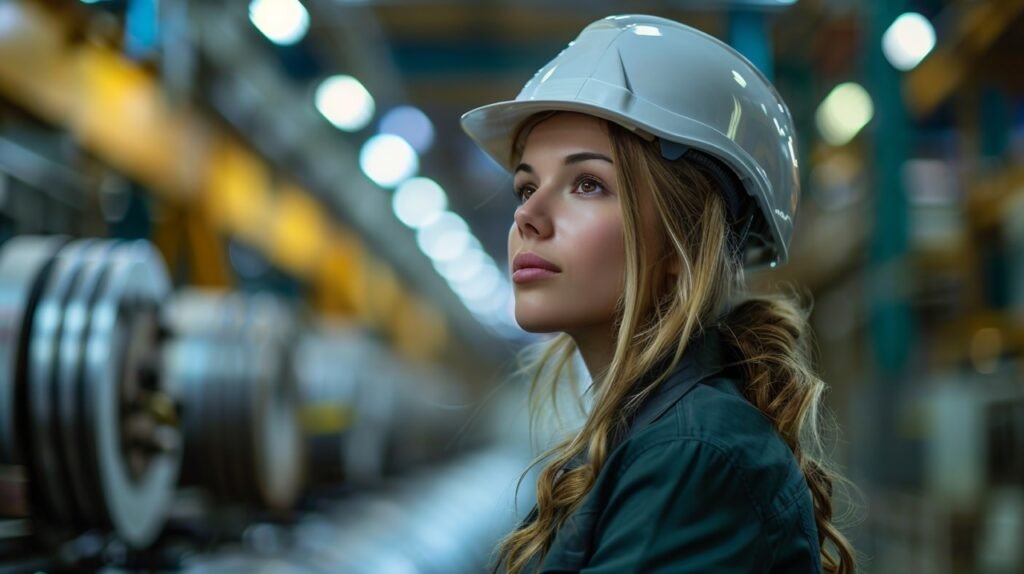 Young Engineer in Factory Setting – Stock Photo with Industrial Steel Cable Reel and Businesswoman Portrait