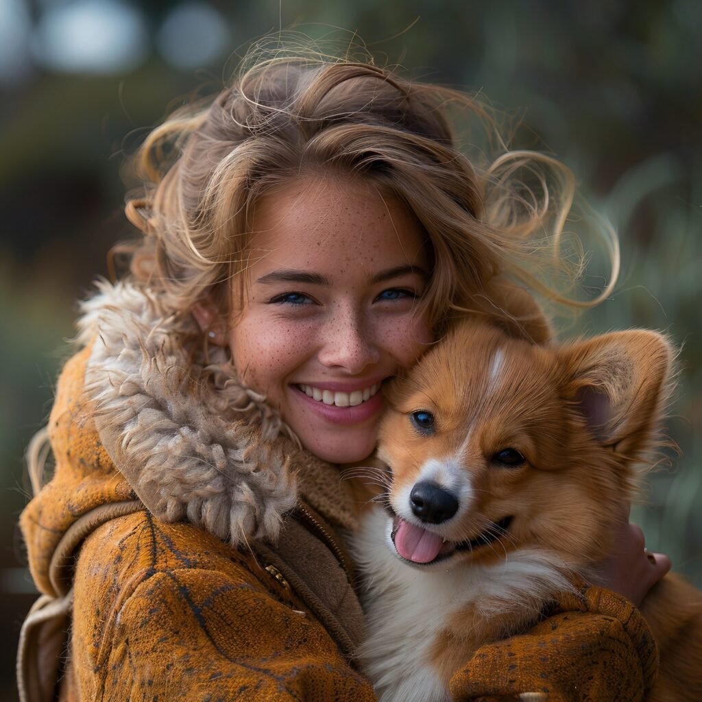 Young Woman with Corgi Puppy – Stock Picture Capturing Cheerful Portrait in Natural Setting