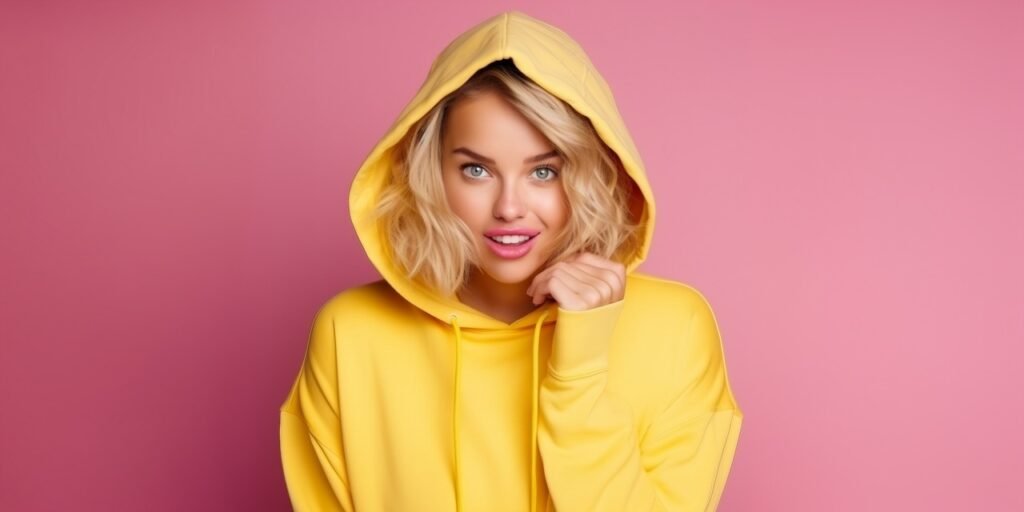 Young blonde woman with cute expressions poses in a yellow hoodie on a bright pink background